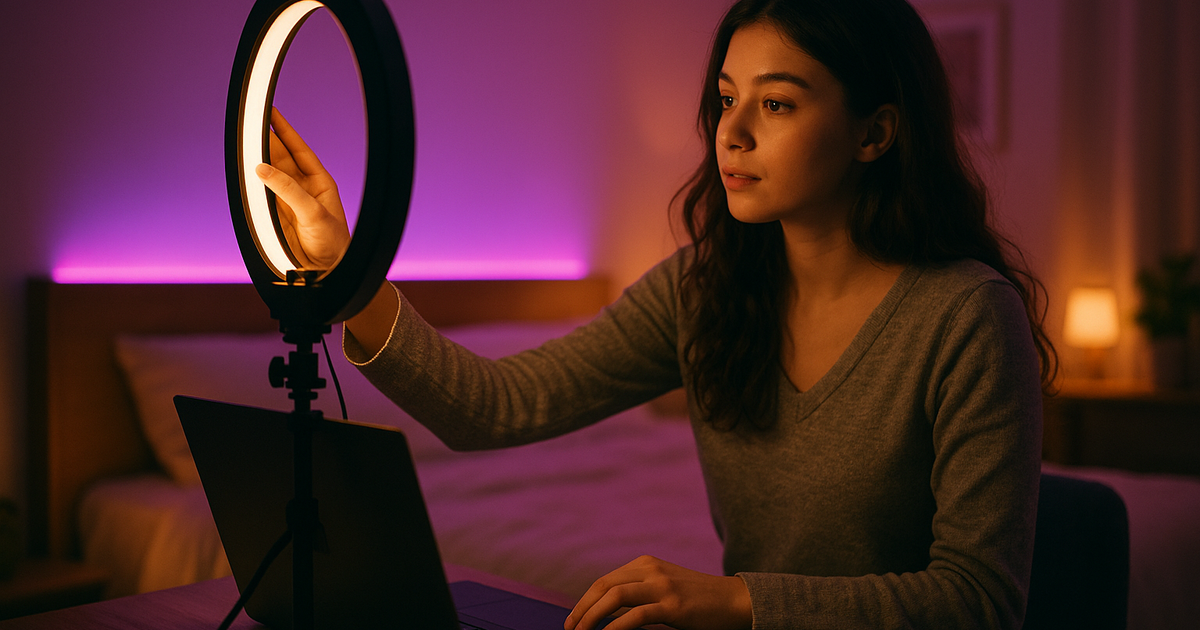 A woman adjusting a ring light in a cozy bedroom streaming setup with a laptop and webcam