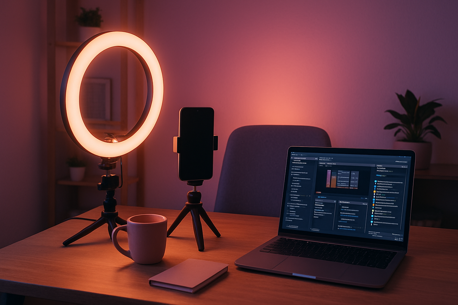 A cozy content creator desk setup with a glowing ring light, phone tripod and laptop streaming dashboard