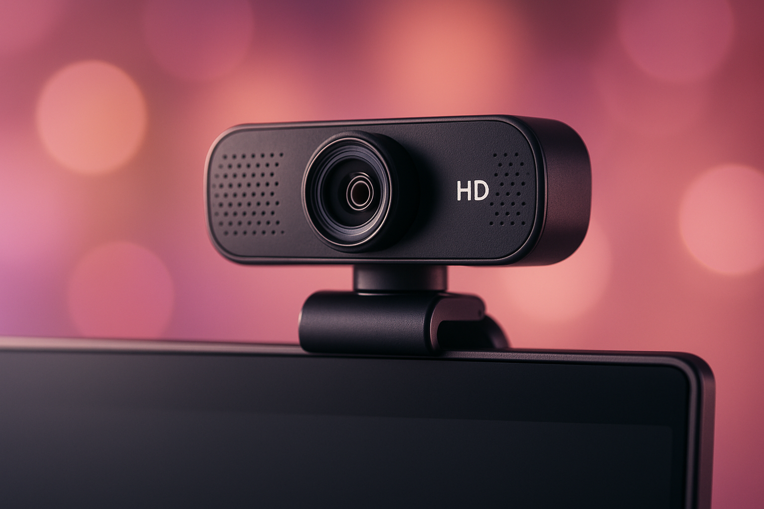 Close-up of an HD webcam mounted on a monitor with pink bokeh lighting in the background
