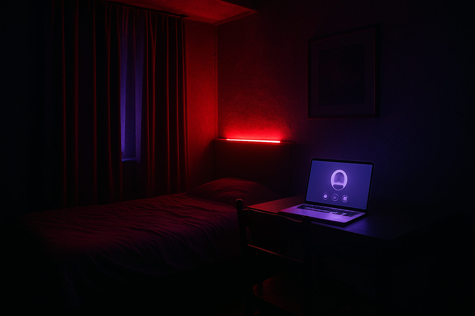 A moody bedroom set up for a live cam streaming session, with neon lighting and an open laptop
