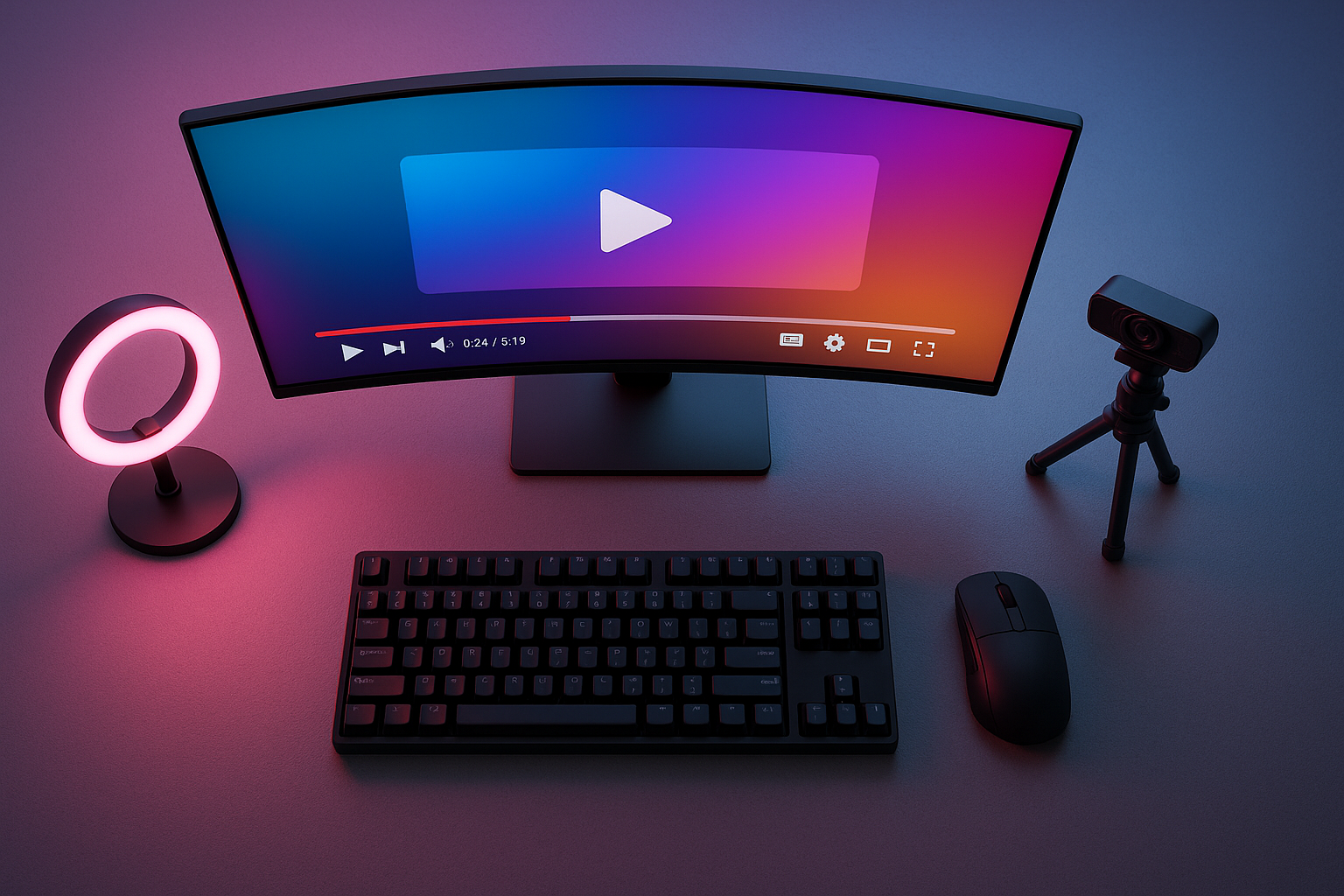 A home streaming setup with a curved monitor, ring light, keyboard and webcam on a tripod