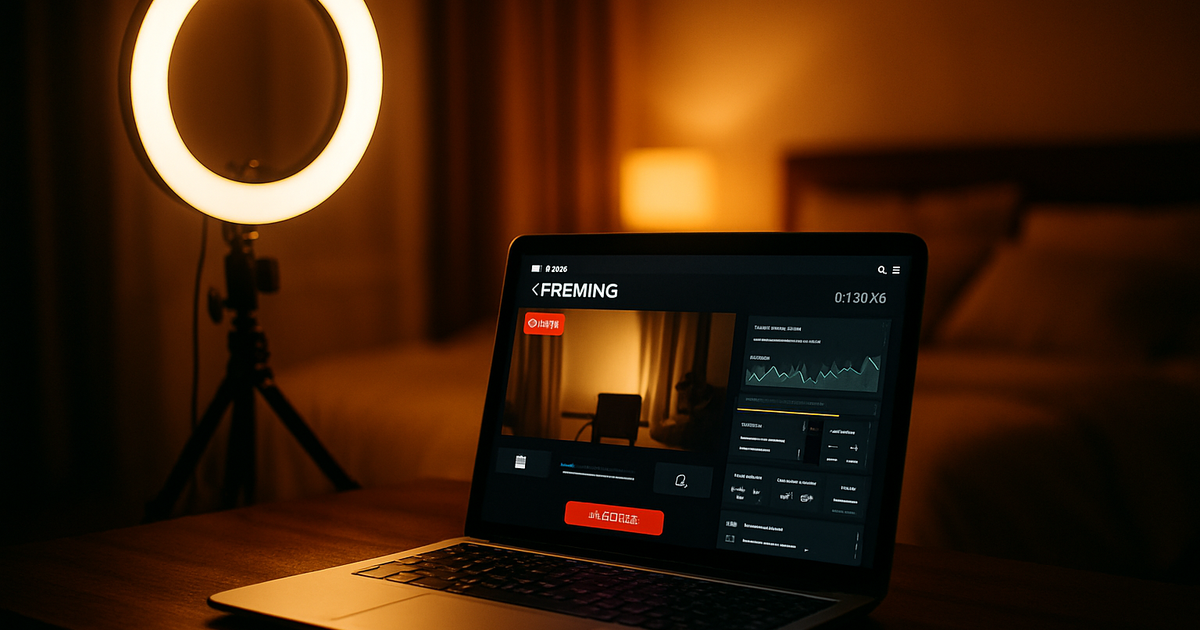 A stylish streaming setup with warm gold lighting and a laptop showing a live broadcast dashboard