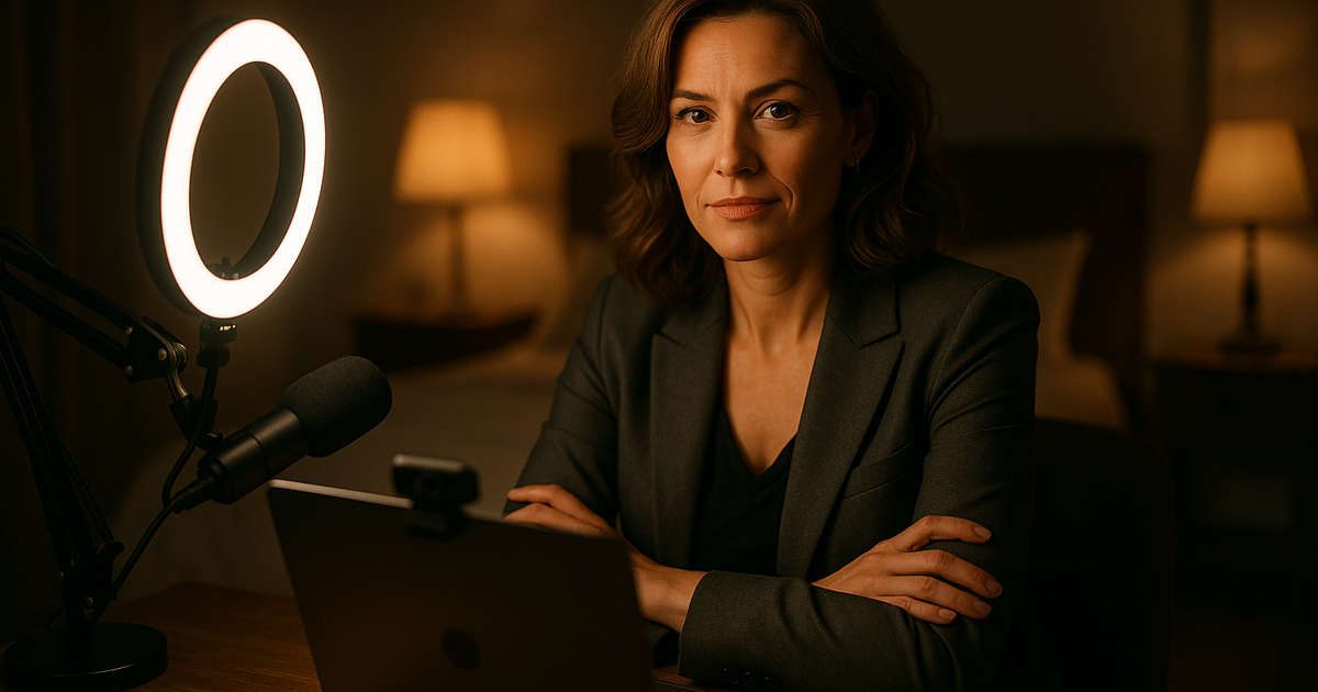 A confident mature woman in a stylish home office setting with soft ambient lighting